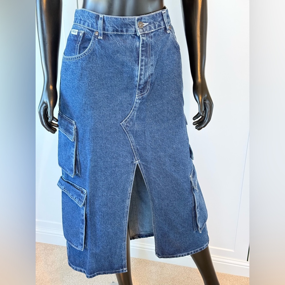 Denim Cargo Midi Skirt - Blue